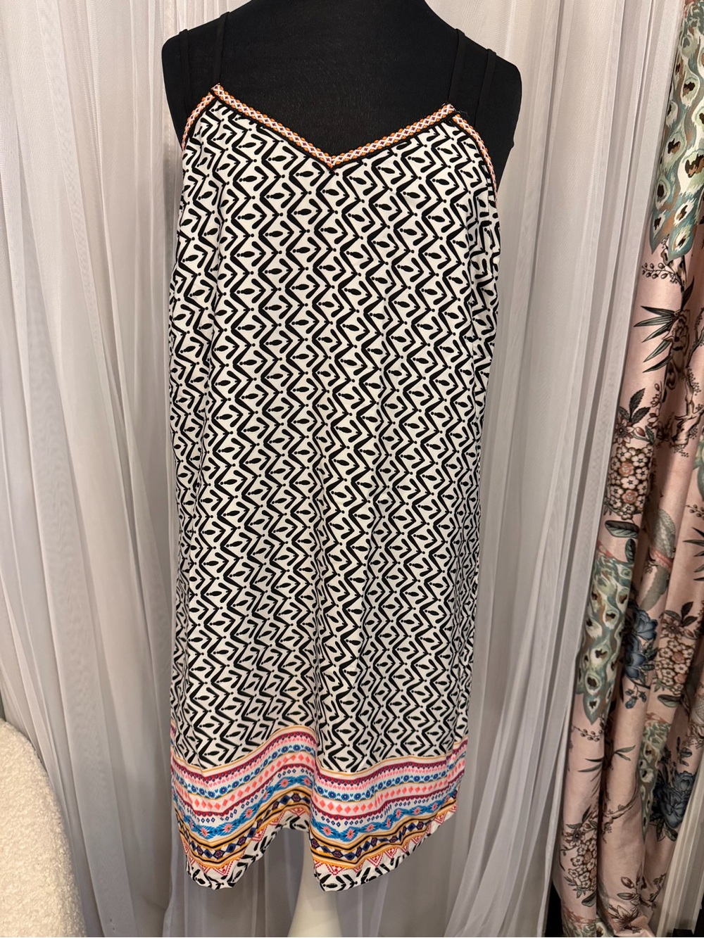Skies Are Blue Black & White Geometric Mini Dress with Colorful Hem Trim